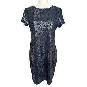 Bebe Blue Sequin Mini Dress Large Party Cocktail Short Sleeve Going Out Stretch